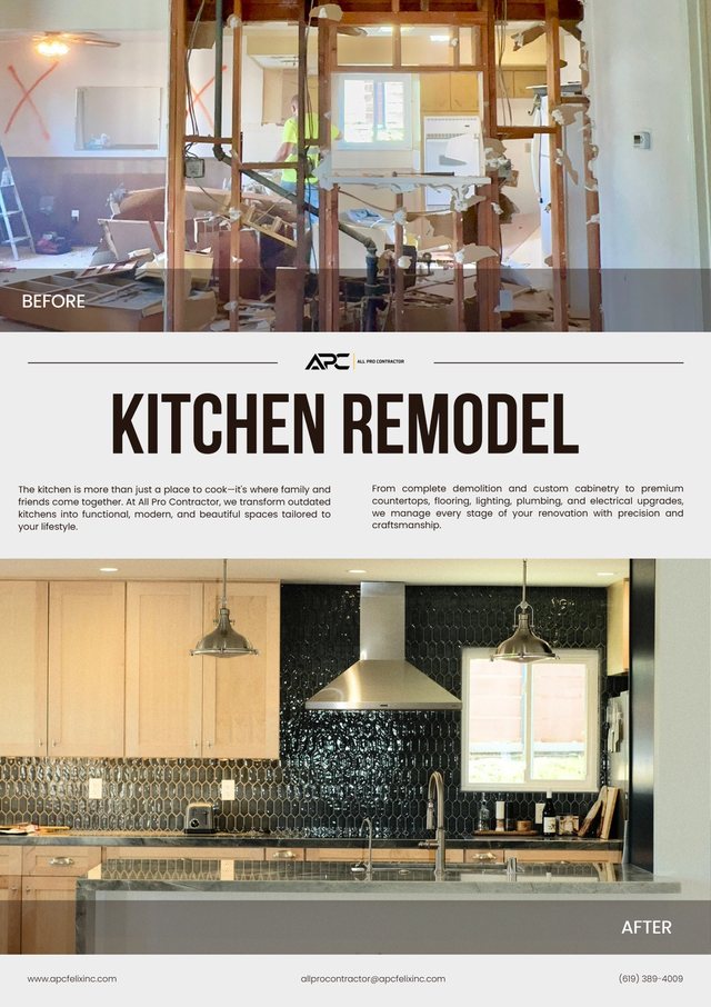 Kitchen remodeling overview with demolition and completed kitchen photography