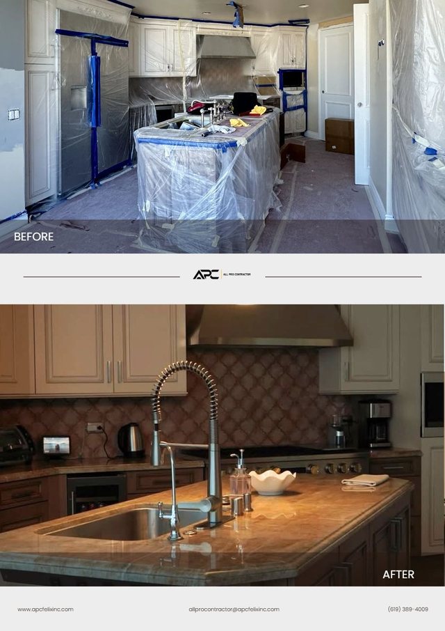 Kitchen renovation before-and-after comparison with new cabinets, counters, and finishes