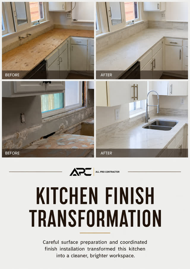 Kitchen finish transformation with before-and-after countertop and cabinet photography