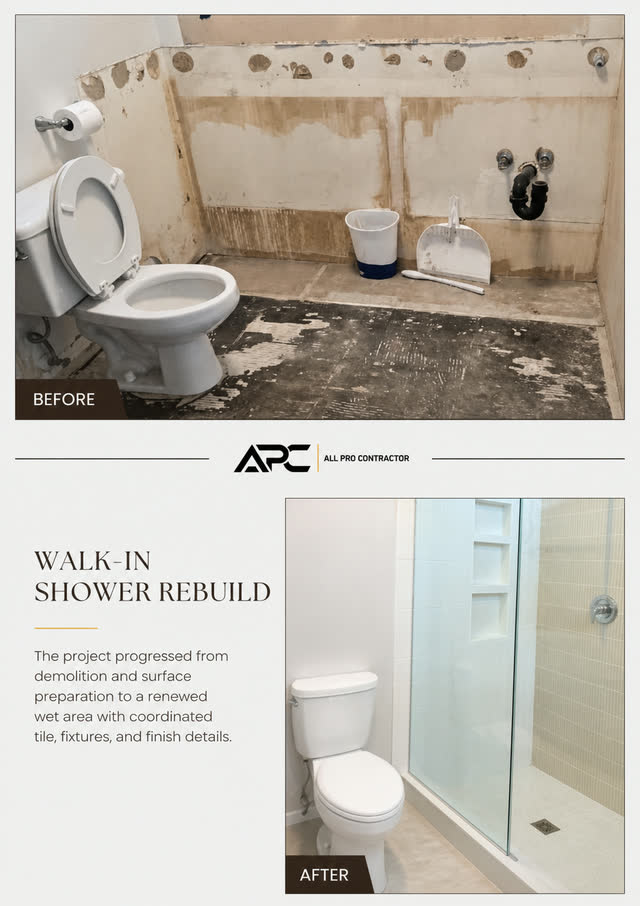 Walk-in shower rebuild from demolition through completed tile and glass installation