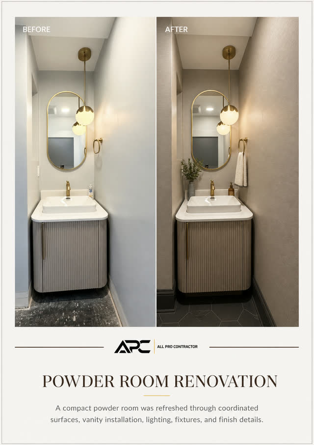 Powder room renovation before-and-after comparison with modern fixtures and finishes