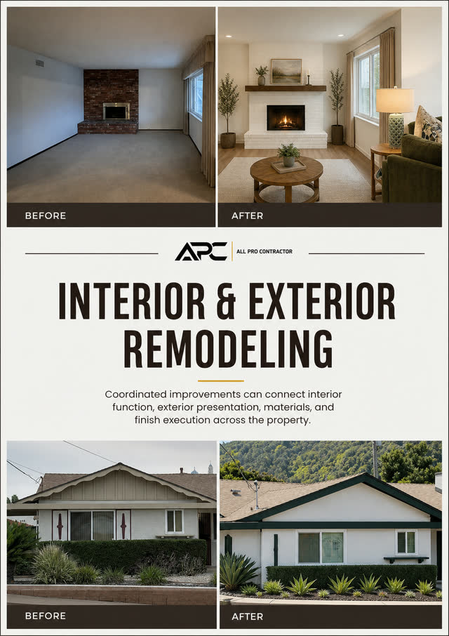 Interior and exterior remodeling comparisons featuring living-room and facade upgrades