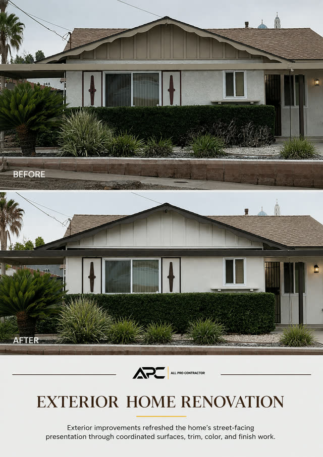 Exterior home renovation before-and-after comparison with refreshed finishes