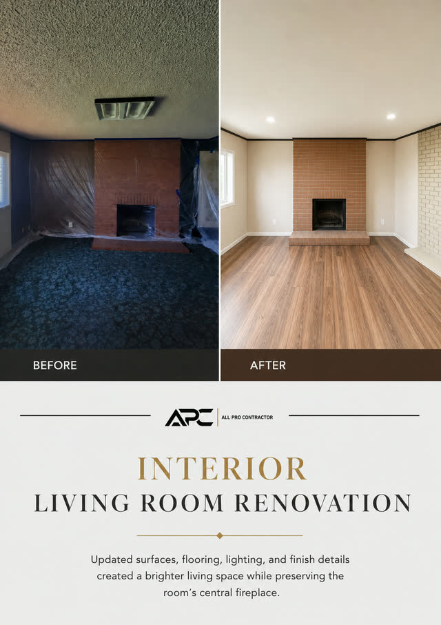 Interior living-room renovation before-and-after comparison with updated finishes