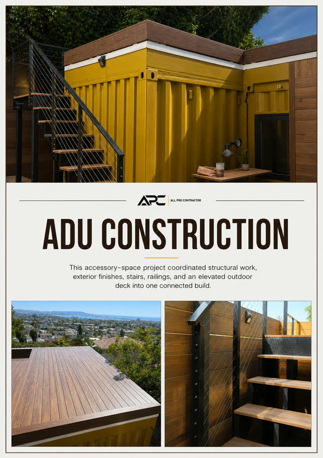 Accessory dwelling unit construction with exterior, deck, and stair details