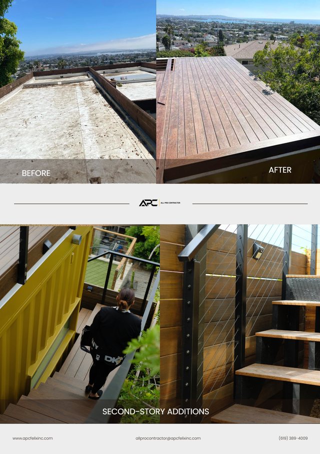 Roof deck restoration and second-story addition with stairs and cable railing