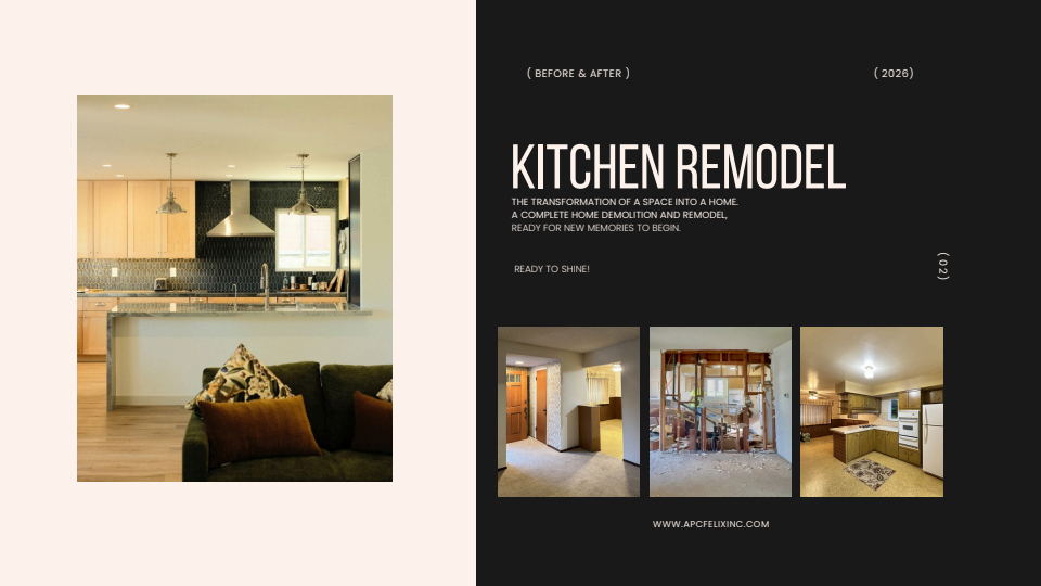 Kitchen remodel documented through before, demolition, construction, and completed project photography