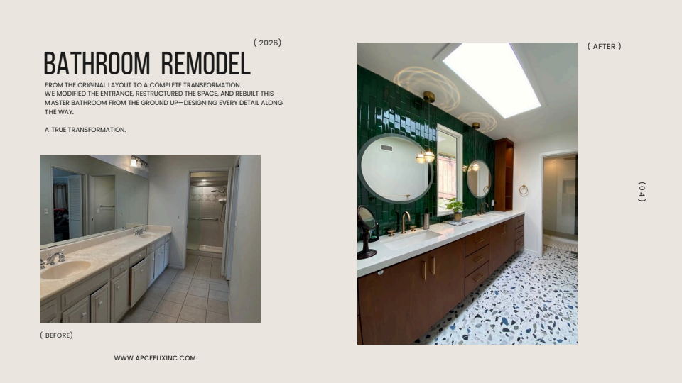 Primary bathroom rebuild with the original room and completed green-tile double vanity
