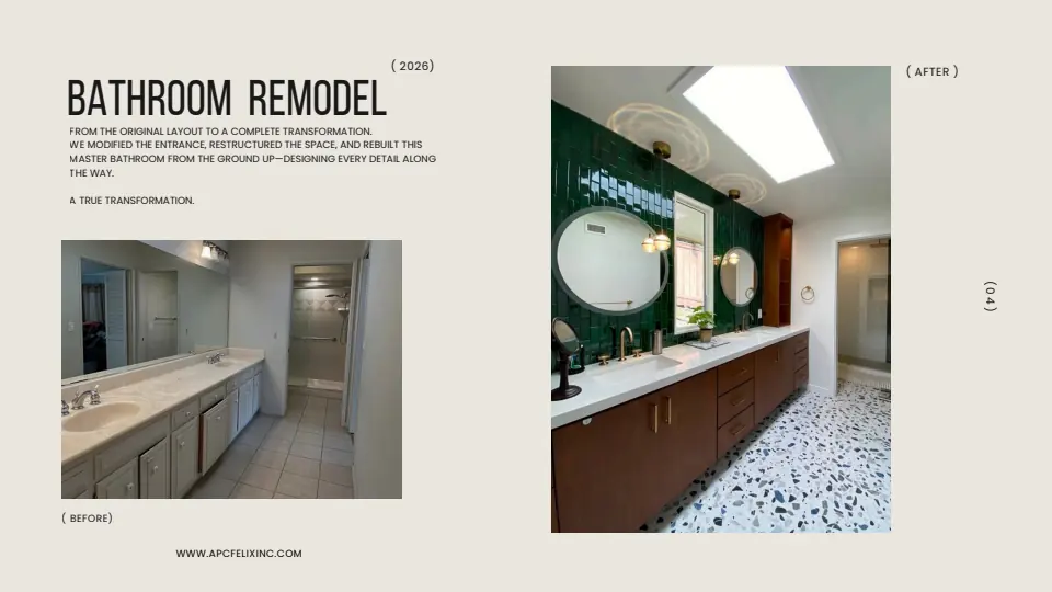 APC Felix primary bathroom remodel portfolio page showing the original room and completed green-tile double vanity