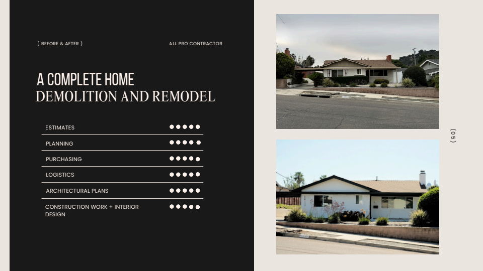 Complete home demolition and remodel with an exterior before-and-after comparison