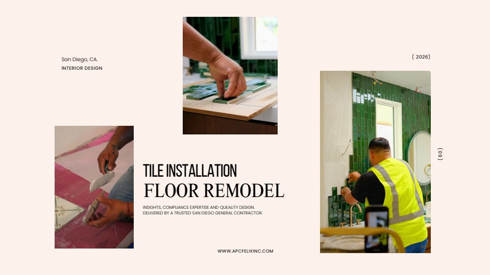 Green wall-tile installation and floor remodeling project in progress