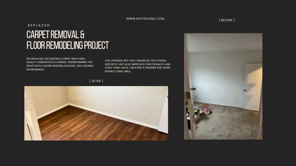 Carpet removal and floor remodeling documented with before-and-after project photographs